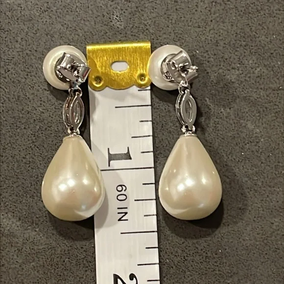 Faux Pearl and Cubic Zirconia Silver Tone Drop Earrings - Picture 10 of 10